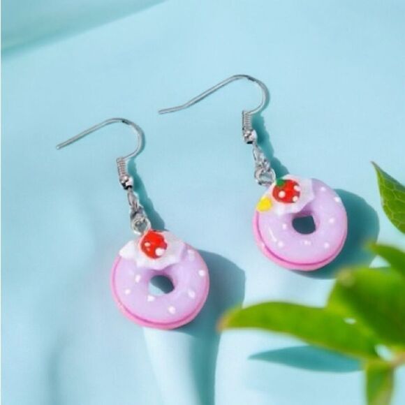 Funky Cute Strawberry Donut Drop Earrings - Picture 1 of 1